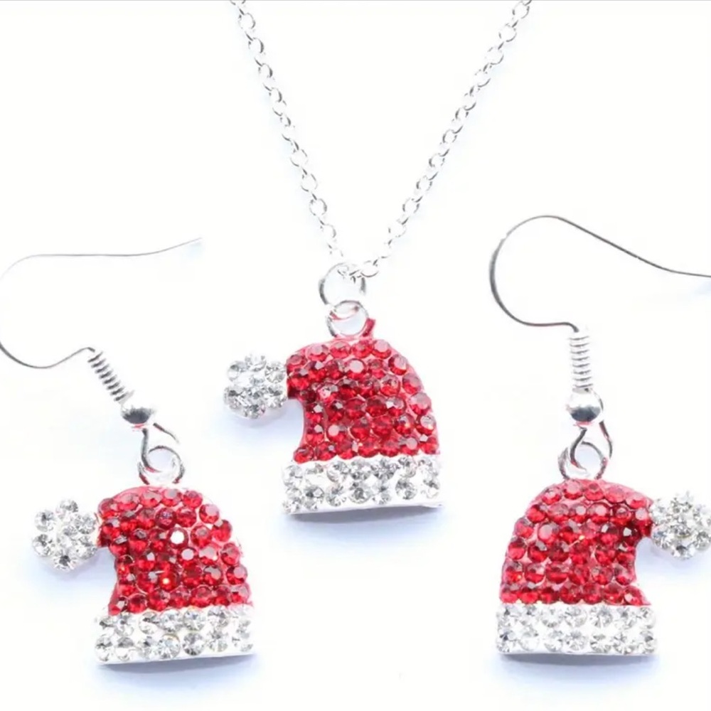 Christmas Necklace and Earrings Set Santa Hat - Rhinestones - NEW